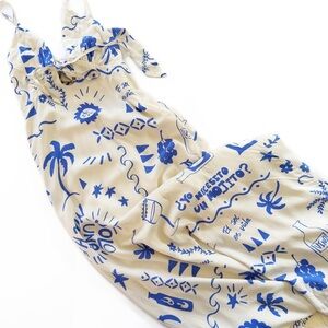 Paper Heart Dress Womens Large Ivory Blue Vino Wine Printed Maxi New